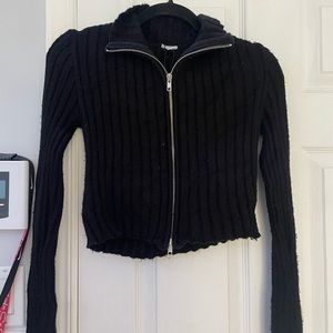 Black cotton zip up turtle neck cardigan